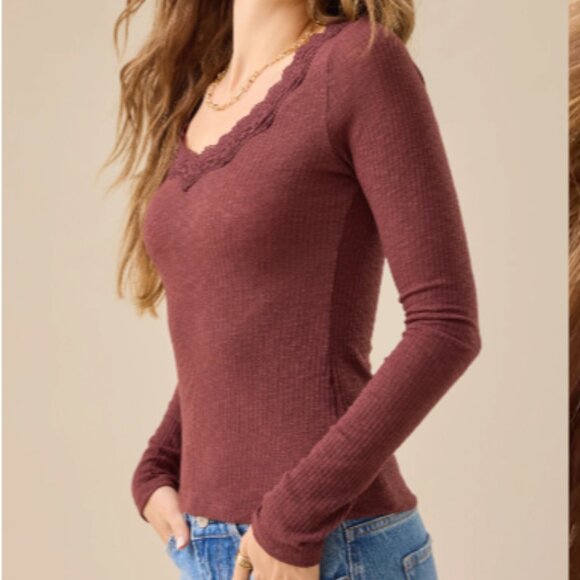 Altar'd State Long Sleeve Brown Victoria Lace Ribbed Top - Picture 2 of 4